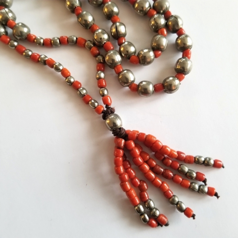 Handmade necklace beaded tassel boho bohemian rust red orange silver tone